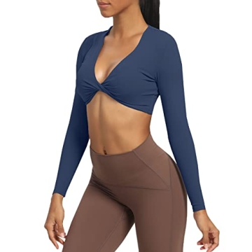 Aoxjox Long Sleeve Crop Tops for Women Sienna Twist Deep V Workout Cropped T Shirt Top (Navy, Medium...