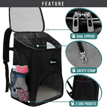 PetAmi Small Dogs and Cat Backpack Carrier, Airline Approved Pet Backpack Carrier, Ventilated, Safety Strap, Buckle Support Designed for Hiking Travel Camping Outdoor, Max 18 lbs (Black)