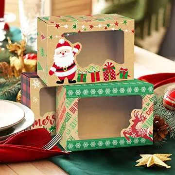 Party Funny 12 Christmas Cookie Boxes -Large Holiday Bakery Food Container for Gift Giving with 80 Count Christmas Foil Gift Stickers