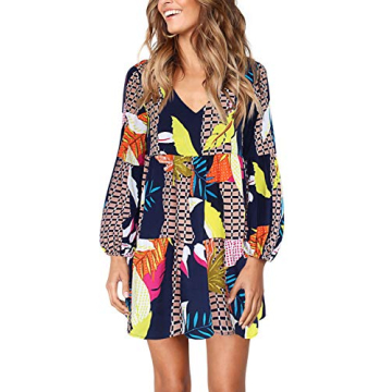 Amoretu Womens Casual V Neck Long Sleeve Ruffle Tunic Dress, Spring, Summer, 2025 (Printed Geometry,...