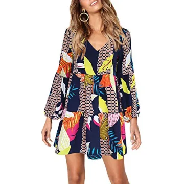 Amoretu Womens Casual V Neck Long Sleeve Ruffle Tunic Dress, Spring, Summer, 2025 (Printed Geometry, XL)