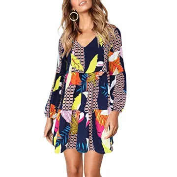 Amoretu Womens Casual V Neck Long Sleeve Ruffle Tunic Dress, Spring, Summer, 2025 (Printed Geometry, XL)