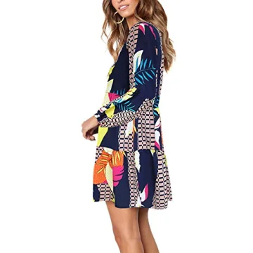 Amoretu Womens Casual V Neck Long Sleeve Ruffle Tunic Dress, Spring, Summer, 2025 (Printed Geometry, XL)