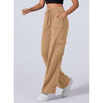 Aleumdr Wide Leg Sweatpants for Women High Waisted Cargo Pants with Pockets Athletic Casual Baggy Sweat Pants 2025 Fall Fashion Light Brown X-Large