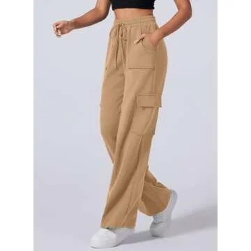 Aleumdr Wide Leg Sweatpants for Women High Waisted Cargo Pants with Pockets Athletic Casual Baggy Sweat Pants 2025 Fall Fashion Light Brown X-Large