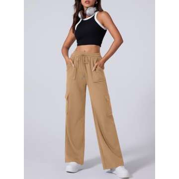 Aleumdr Wide Leg Sweatpants for Women High Waisted Cargo Pants with Pockets Athletic Casual Baggy Sweat Pants 2025 Fall Fashion Light Brown X-Large