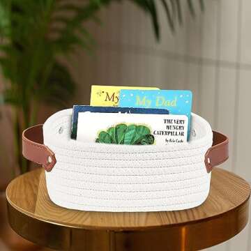 ABenkle Small Storage Basket, Mini White Basket, Cute Tiny Cotton Rope Woven Basket, Shelf Basket, Boho Decorative Toy Dog Cat Basket for Nursery, Living Room, Spa, Empty Gift Basket