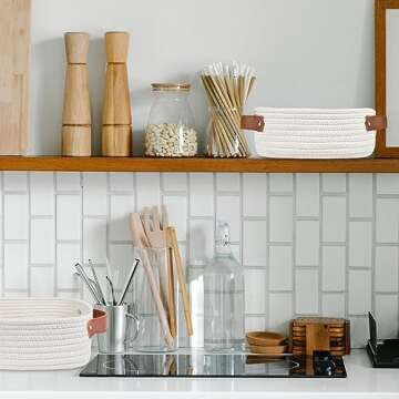 ABenkle Small Storage Basket, Mini White Basket, Cute Tiny Cotton Rope Woven Basket, Shelf Basket, Boho Decorative Toy Dog Cat Basket for Nursery, Living Room, Spa, Empty Gift Basket