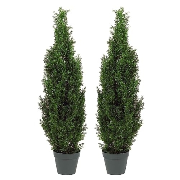 Two Pre-Potted 3' Artificial Cedar Topiary Trees for Home Decor