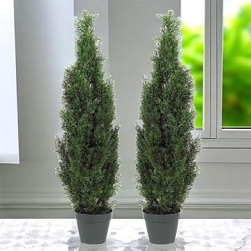 Two Pre-Potted 3' Artificial Cedar Topiary Trees for Home Decor