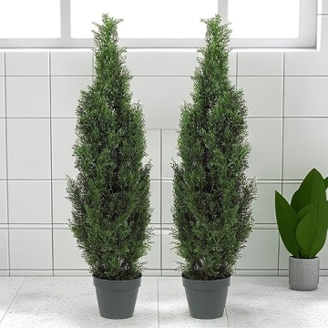 Two Pre-Potted 3' Artificial Cedar Topiary Trees for Home Decor