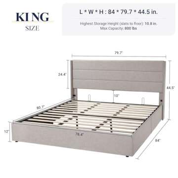 Allewie King Size Lift Up Storage Bed, Modern Wingback Headboard, Hydraulic Support, No Box Spring N...