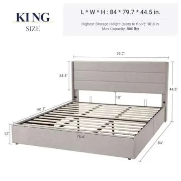 Allewie King Size Lift Up Storage Bed, Modern Wingback Headboard, Hydraulic Support, No Box Spring N...