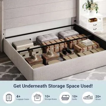 Allewie King Size Lift Up Storage Bed, Modern Wingback Headboard, Hydraulic Support, No Box Spring Needed, Light Beige