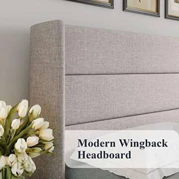 Allewie King Size Lift Up Storage Bed, Modern Wingback Headboard, Hydraulic Support, No Box Spring Needed, Light Beige