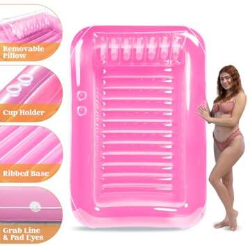 SLOOSH Inflatable Tanning Pool Lounger Float, 70" x 46" Pool Floats Adult with Pillow, 4 in 1 Suntan Tub Raft Floatie,Sunbathing Bed Lounge for Water Blow Up Kids Ball Pit Party Gifts, L-Pink