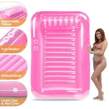 SLOOSH Inflatable Tanning Pool Lounger Float, 70" x 46" Pool Floats Adult with Pillow, 4 in 1 Suntan Tub Raft Floatie,Sunbathing Bed Lounge for Water Blow Up Kids Ball Pit Party Gifts, L-Pink