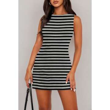 WIHOLL Womens Summer Dresses Sleeveless Boat Neck Grey and White Striped Mini Dress Party Club Bodycon Dresses Casual 2024 Trendy XL