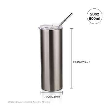 PYD Life Sublimation Blanks 20 Oz Silver Skinny Tumblers with Metal Straw