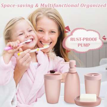 iMucci 8PCS Pink Bathroom Accessories Set - with Trash Can,Toilet Brush,Toothbrush Holder, Lotion Soap Dispenser, Soap Dish,Toothbrush Cup,Qtip Holder