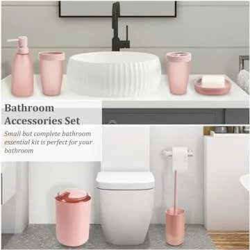 iMucci 8PCS Pink Bathroom Accessories Set - with Trash Can,Toilet Brush,Toothbrush Holder, Lotion Soap Dispenser, Soap Dish,Toothbrush Cup,Qtip Holder