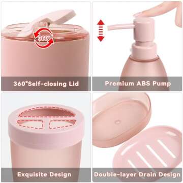 iMucci 8PCS Pink Bathroom Accessories Set - with Trash Can,Toilet Brush,Toothbrush Holder, Lotion Soap Dispenser, Soap Dish,Toothbrush Cup,Qtip Holder
