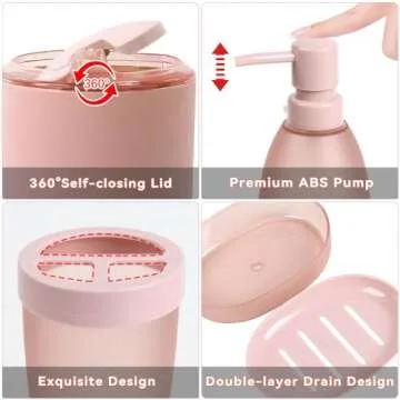 iMucci 8PCS Pink Bathroom Accessories Set - with Trash Can,Toilet Brush,Toothbrush Holder, Lotion Soap Dispenser, Soap Dish,Toothbrush Cup,Qtip Holder