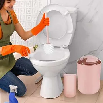 iMucci 8PCS Pink Bathroom Accessories Set - with Trash Can,Toilet Brush,Toothbrush Holder, Lotion Soap Dispenser, Soap Dish,Toothbrush Cup,Qtip Holder