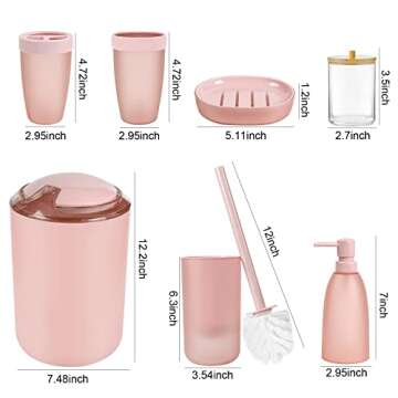 iMucci 8PCS Pink Bathroom Accessories Set - with Trash Can,Toilet Brush,Toothbrush Holder, Lotion Soap Dispenser, Soap Dish,Toothbrush Cup,Qtip Holder