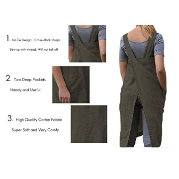 Women’s Pinafore Square Apron Baking Cooking Gardening Works Cross Back Cotton/Linen Blend Dress with 2 Pockets