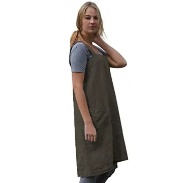 Women’s Pinafore Square Apron Baking Cooking Gardening Works Cross Back Cotton/Linen Blend Dress with 2 Pockets