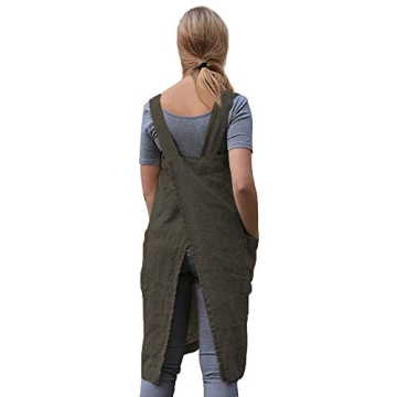 Women’s Pinafore Square Apron Baking Cooking Gardening Works Cross Back Cotton/Linen Blend Dress with 2 Pockets