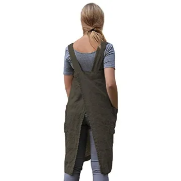 Women’s Pinafore Square Apron Baking Cooking Gardening Works Cross Back Cotton/Linen Blend Dress with 2 Pockets