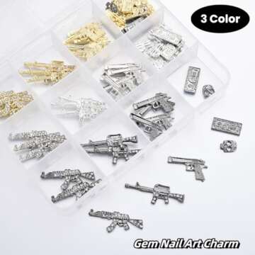 ZUMILLMN 63PCS 3D Gun&Dollar Nail Charms for Alloy Nails,Gold Silver Black Alloy Nail Art Decoration, Nail Stones Nail Jewels Accessories for Nail Art Supplies Manicure Craft DIY(Set 1)