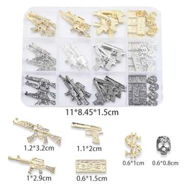 ZUMILLMN 63PCS 3D Gun&Dollar Nail Charms for Alloy Nails,Gold Silver Black Alloy Nail Art Decoration, Nail Stones Nail Jewels Accessories for Nail Art Supplies Manicure Craft DIY(Set 1)