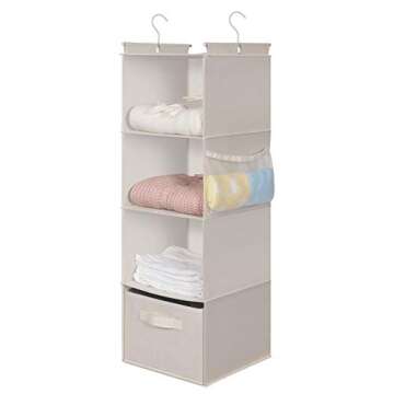 MAX Houser 4-Shelf Hanging Closet Organizer, Space Saver, Cloth Hanging Shelves with 2 Side Pockets, Foldable (Beige)