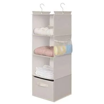 MAX Houser 4-Shelf Hanging Closet Organizer, Space Saver, Cloth Hanging Shelves with 2 Side Pockets, Foldable (Beige)