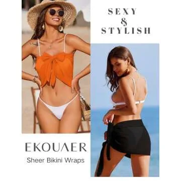 Ekouaer 2 Pcs Sarong Coverups for Women Beach Wrap Skirt Chiffon Swimsuit Coverup for Swimwear Black-Orange,Large