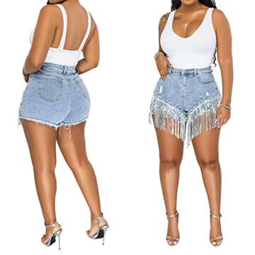 Cyparel Women Summer Denim Shorts High Waisted Ripped Rhinestone Pearl Beaded Fringe Tassels Frayed Raw Hem Blue Jean Shorts