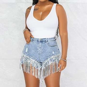Cyparel Women Summer Denim Shorts High Waisted Ripped Rhinestone Pearl Beaded Fringe Tassels Frayed Raw Hem Blue Jean Shorts