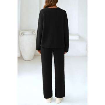 PRETTYGARDEN Women's 2 Piece Pullover Sweater Set Oversized V Neck Top Wide Leg Pants Fall Winter Fuzzy Lounge Outfit (Black,Medium)