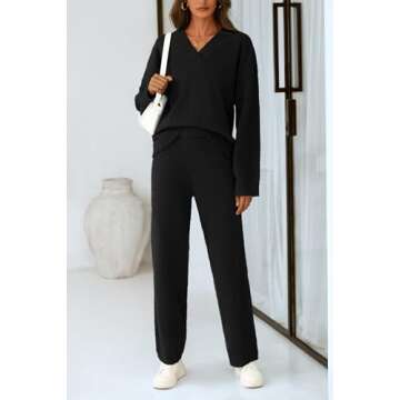 PRETTYGARDEN Women's 2 Piece Pullover Sweater Set Oversized V Neck Top Wide Leg Pants Fall Winter Fuzzy Lounge Outfit (Black,Medium)
