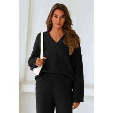 PRETTYGARDEN Women's 2 Piece Pullover Sweater Set Oversized V Neck Top Wide Leg Pants Fall Winter Fuzzy Lounge Outfit (Black,Medium)