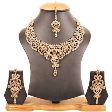 Touchstone NEW Indian Bollywood Fine Filigree Studded Look Sparkling Yellow Rhinestone Grand Bridal Jewelry Necklace Set In Gold Tone For Women.