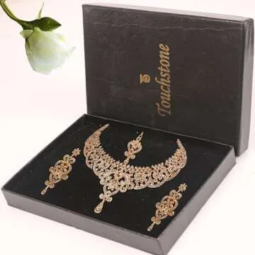 Touchstone NEW Indian Bollywood Fine Filigree Studded Look Sparkling Yellow Rhinestone Grand Bridal Jewelry Necklace Set In Gold Tone For Women.