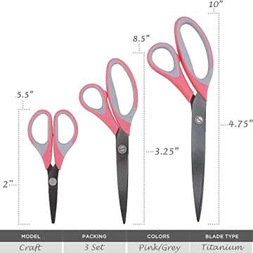 JubileeYarn Titanium Softgrip Scissors Set for Sewing, Arts, Crafts, Office - 1 Set of 3 - Pink