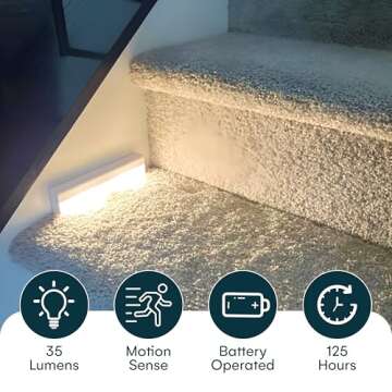 Brilliant Evolution Wireless LED Stair Lights with Motion Sensor - 3-Pack Battery Operated Night Light for Indoor Stairs, Hallways, and Closets - Stick On Motion Lights - 3000K Warm White - 7x2-Inch