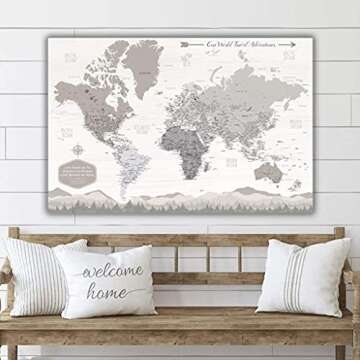Holy Cow Canvas Personalized Farmhouse Push Pin World Map on Canvas, 3 Sizes, Includes Pins to Mark ...