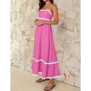 ZESICA Women's 2025 Summer Spaghetti Straps Sleeveless Backless Sundress Flowy Smocked Lace Swing A Line Midi Dress,Rosepink,Small