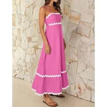 ZESICA Women's 2025 Summer Spaghetti Straps Sleeveless Backless Sundress Flowy Smocked Lace Swing A Line Midi Dress,Rosepink,Small